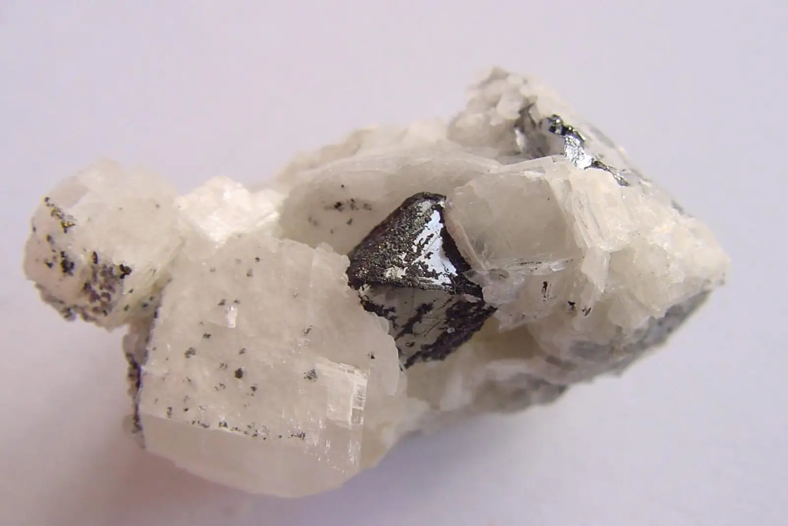 A lustrous steel-grey carrollite crystal set in white calcite